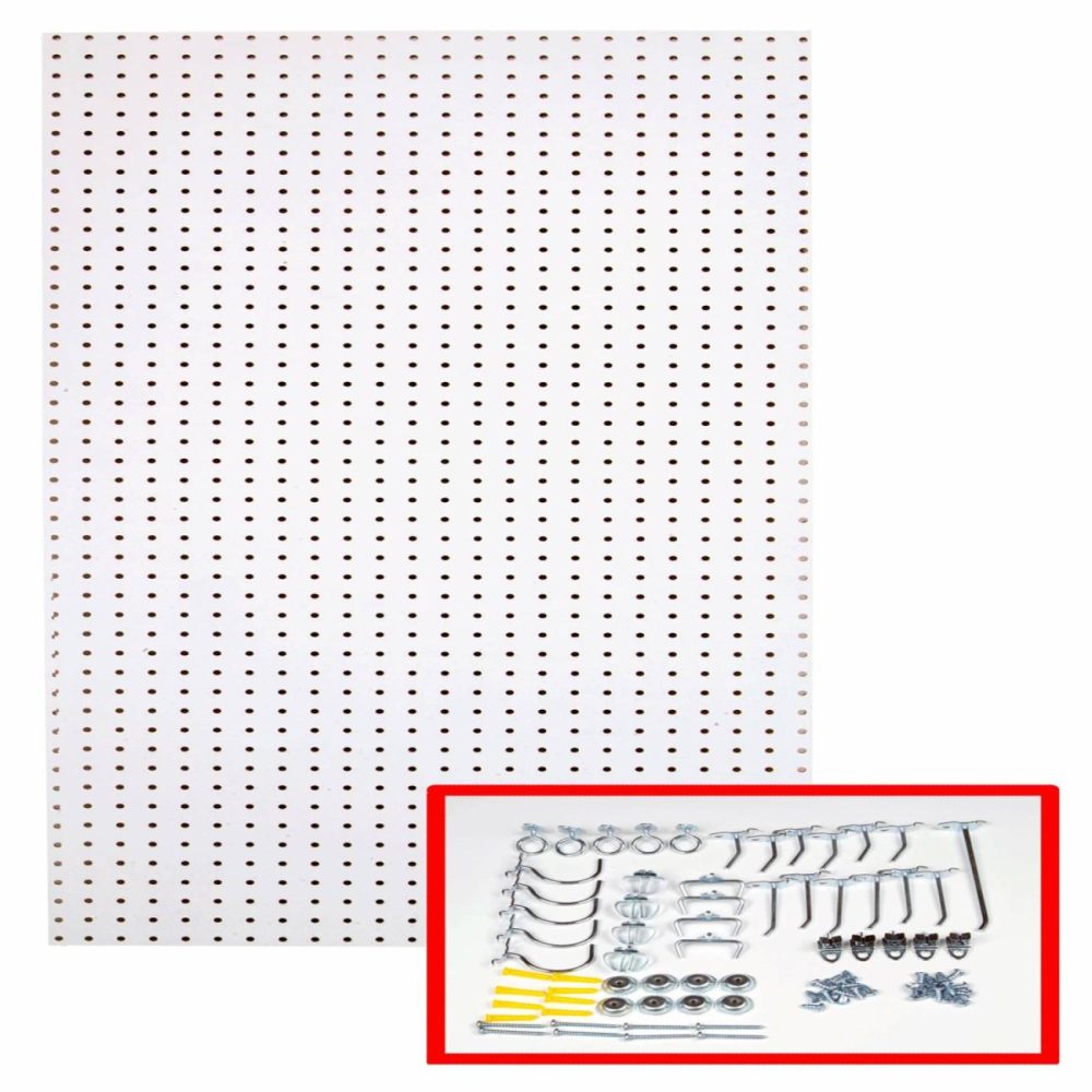 24 In. W X 48 In. H X 1/4 In. D Custom Painted Blissful White Heavy Duty Tempered Round Hole Pegboards With 36 Pc. Locki Pegboard, Hooks & Accessories